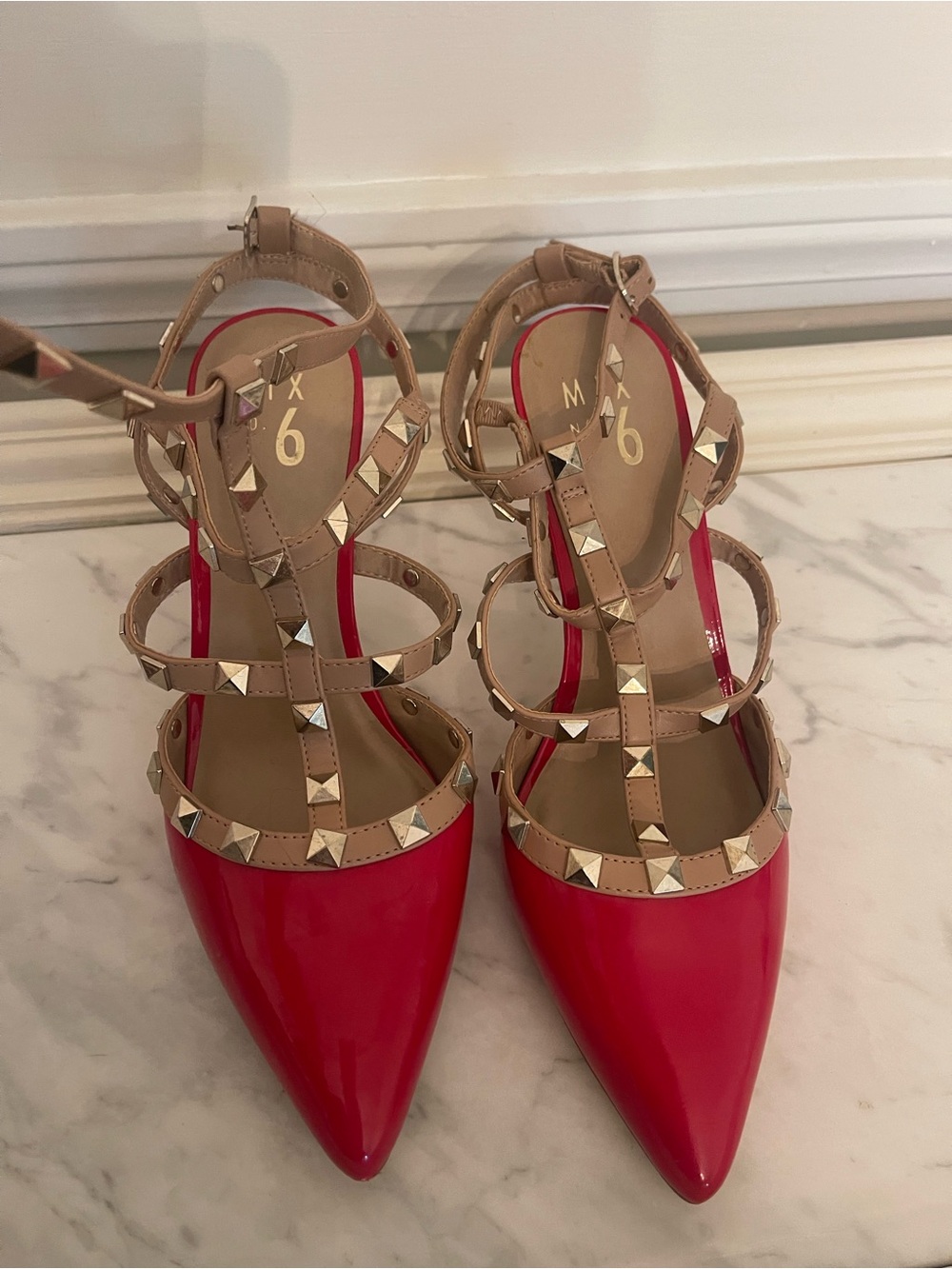Mix No. 6 Red Pointed Toe Studded T-Strap Flats with Nude Straps